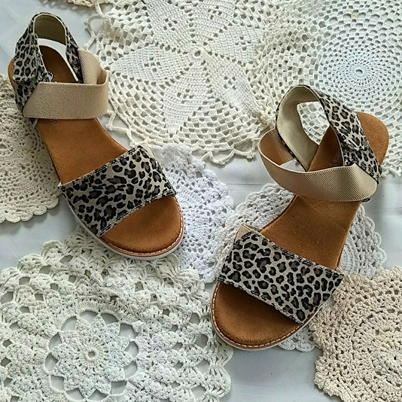 BOBS from Skechers Shoes - Bobs brand camel and leopard print suede sandals with velcro ankle strap